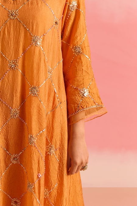 Buy One Not Two Orange Silk, Cotton Sequins, Crystals, Beads, Criss Cross Kurta And Pant Set Buy_One Not Two_Orange Silk, Cotton Sequins, Crystals, Beads, Criss Cross Kurta And Pant Set