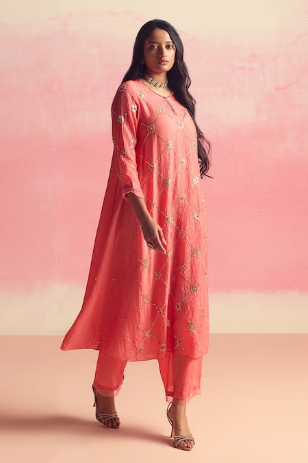 Buy One Not Two Coral Silk, Cotton Sequins, Criss Cross Embroidered A-line Kurta And Pant Set Online at Aza Fashions Buy_One Not Two_Coral Silk, Cotton Sequins, Criss Cross Embroidered A-line Kurta And Pant Set _Online_at_Aza_Fashions
