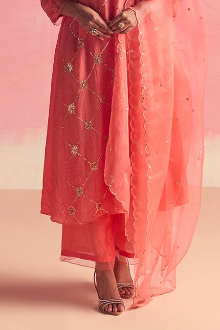 Shop One Not Two Coral Silk, Cotton Sequins, Criss Cross Embroidered A-line Kurta And Pant Set Online at Aza Fashions Shop_One Not Two_Coral Silk, Cotton Sequins, Criss Cross Embroidered A-line Kurta And Pant Set _Online_at_Aza_Fashions