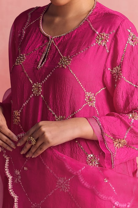 One Not Two Pink Silk, Cotton Sequins, Criss Cross Pattern Embroidered Kurta And Pant Set Online at Aza Fashions One Not Two_Pink Silk, Cotton Sequins, Criss Cross Pattern Embroidered Kurta And Pant Set _Online_at_Aza_Fashions