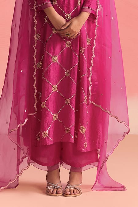 Shop One Not Two Pink Silk, Cotton Sequins, Criss Cross Pattern Embroidered Kurta And Pant Set Online at Aza Fashions Shop_One Not Two_Pink Silk, Cotton Sequins, Criss Cross Pattern Embroidered Kurta And Pant Set _Online_at_Aza_Fashions