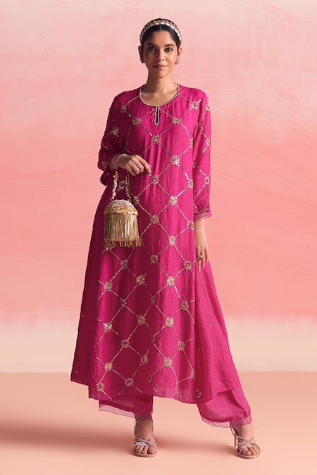 One Not Two Pink Silk, Cotton Sequins, Criss Cross Pattern Embroidered Kurta And Pant Set at Aza Fashions One Not Two_Pink Silk, Cotton Sequins, Criss Cross Pattern Embroidered Kurta And Pant Set _at_Aza_Fashions