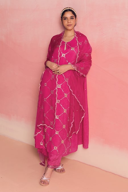 Buy One Not Two Pink Silk, Cotton Sequins, Criss Cross Pattern Embroidered Kurta And Pant Set Buy_One Not Two_Pink Silk, Cotton Sequins, Criss Cross Pattern Embroidered Kurta And Pant Set