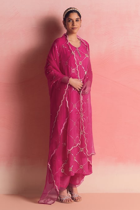 Shop One Not Two Pink Silk, Cotton Sequins, Criss Cross Pattern Embroidered Kurta And Pant Set Shop_One Not Two_Pink Silk, Cotton Sequins, Criss Cross Pattern Embroidered Kurta And Pant Set