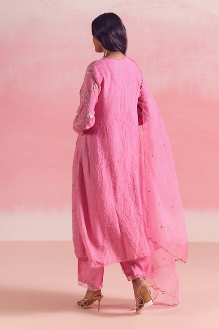Shop One Not Two Pink Silk, Cotton Sequins, Beads Split Crushed Embroidered Kurta And Pant Set at Aza Fashions Shop_One Not Two_Pink Silk, Cotton Sequins, Beads Split Crushed Embroidered Kurta And Pant Set _at_Aza_Fashions