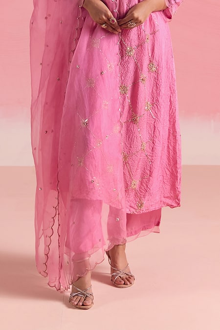 One Not Two Pink Silk, Cotton Sequins, Beads Split Crushed Embroidered Kurta And Pant Set Online at Aza Fashions One Not Two_Pink Silk, Cotton Sequins, Beads Split Crushed Embroidered Kurta And Pant Set _Online_at_Aza_Fashions