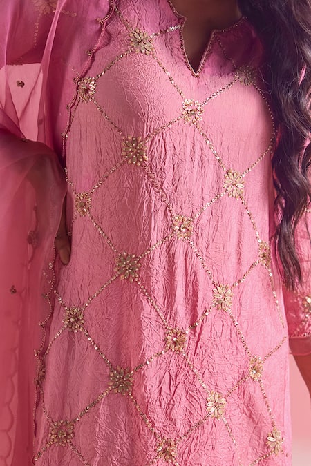 Buy One Not Two Pink Silk, Cotton Sequins, Beads Split Crushed Embroidered Kurta And Pant Set Online at Aza Fashions Buy_One Not Two_Pink Silk, Cotton Sequins, Beads Split Crushed Embroidered Kurta And Pant Set _Online_at_Aza_Fashions