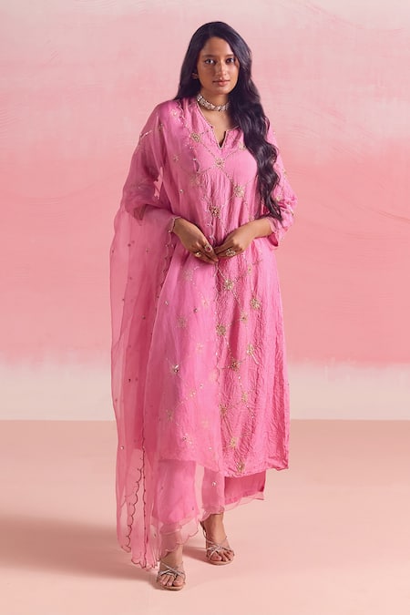 One Not Two Pink Silk, Cotton Sequins, Beads Split Crushed Embroidered Kurta And Pant Set at Aza Fashions One Not Two_Pink Silk, Cotton Sequins, Beads Split Crushed Embroidered Kurta And Pant Set _at_Aza_Fashions