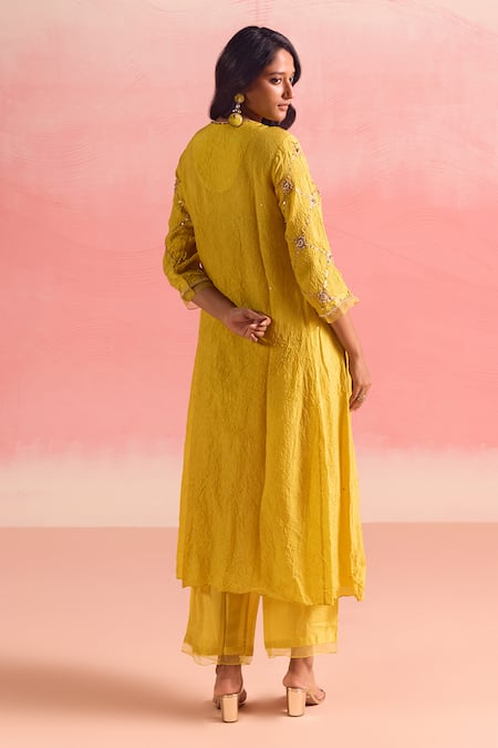 Shop One Not Two Yellow Silk, Cotton Sequins, Crystals, Criss Cross Embroidered Kurta And Pant Set at Aza Fashions Shop_One Not Two_Yellow Silk, Cotton Sequins, Crystals, Criss Cross Embroidered Kurta And Pant Set _at_Aza_Fashions