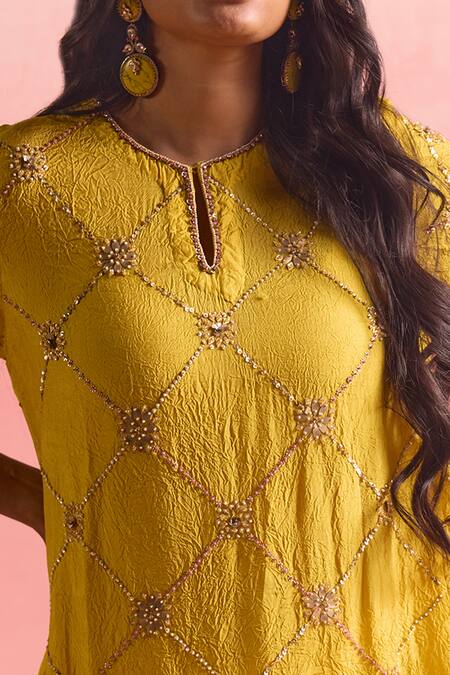 One Not Two Yellow Silk, Cotton Sequins, Crystals, Criss Cross Embroidered Kurta And Pant Set Online at Aza Fashions One Not Two_Yellow Silk, Cotton Sequins, Crystals, Criss Cross Embroidered Kurta And Pant Set _Online_at_Aza_Fashions