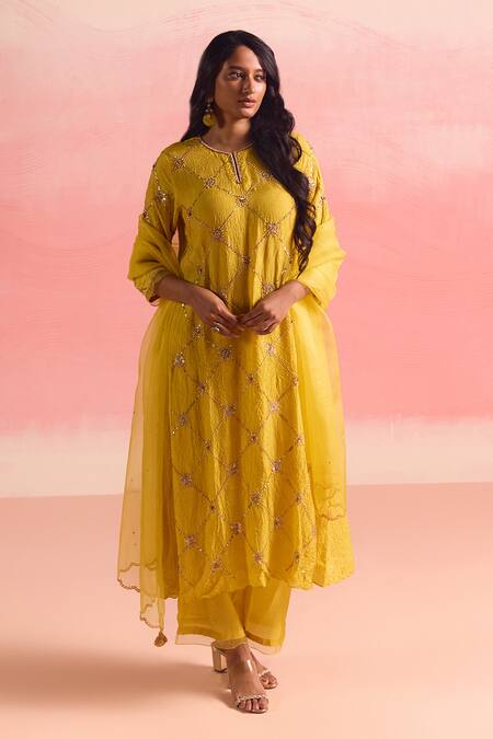 Buy One Not Two Yellow Silk, Cotton Sequins, Crystals, Criss Cross Embroidered Kurta And Pant Set Online at Aza Fashions Buy_One Not Two_Yellow Silk, Cotton Sequins, Crystals, Criss Cross Embroidered Kurta And Pant Set _Online_at_Aza_Fashions