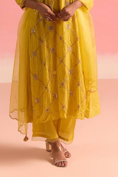 Shop One Not Two Yellow Silk, Cotton Sequins, Crystals, Criss Cross Embroidered Kurta And Pant Set Online at Aza Fashions Shop_One Not Two_Yellow Silk, Cotton Sequins, Crystals, Criss Cross Embroidered Kurta And Pant Set _Online_at_Aza_Fashions