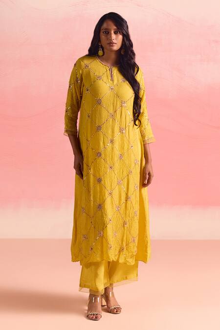 Buy One Not Two Yellow Silk, Cotton Sequins, Crystals, Criss Cross Embroidered Kurta And Pant Set Buy_One Not Two_Yellow Silk, Cotton Sequins, Crystals, Criss Cross Embroidered Kurta And Pant Set
