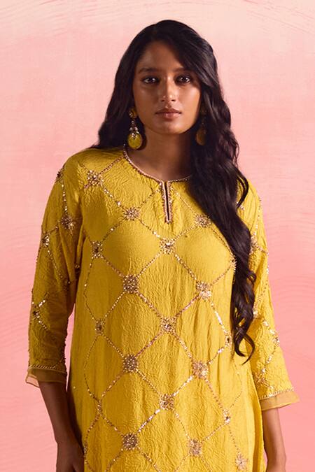 Shop One Not Two Yellow Silk, Cotton Sequins, Crystals, Criss Cross Embroidered Kurta And Pant Set Shop_One Not Two_Yellow Silk, Cotton Sequins, Crystals, Criss Cross Embroidered Kurta And Pant Set