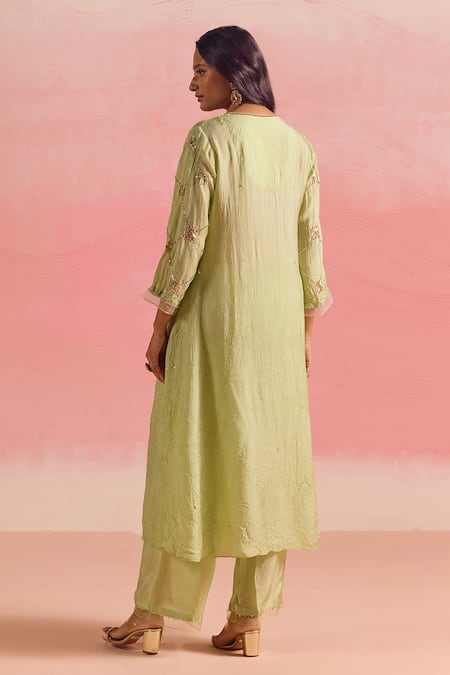 Shop One Not Two Green Silk, Cotton Sequins, Crushed Embroidered A-line Kurta And Pant Set at Aza Fashions Shop_One Not Two_Green Silk, Cotton Sequins, Crushed Embroidered A-line Kurta And Pant Set _at_Aza_Fashions