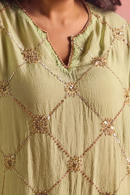 One Not Two Green Silk, Cotton Sequins, Crushed Embroidered A-line Kurta And Pant Set Online at Aza Fashions One Not Two_Green Silk, Cotton Sequins, Crushed Embroidered A-line Kurta And Pant Set _Online_at_Aza_Fashions