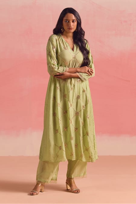 Buy One Not Two Green Silk, Cotton Sequins, Crushed Embroidered A-line Kurta And Pant Set Online at Aza Fashions Buy_One Not Two_Green Silk, Cotton Sequins, Crushed Embroidered A-line Kurta And Pant Set _Online_at_Aza_Fashions
