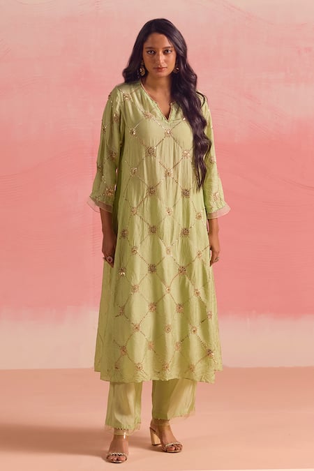 Shop One Not Two Green Silk, Cotton Sequins, Crushed Embroidered A-line Kurta And Pant Set Online at Aza Fashions Shop_One Not Two_Green Silk, Cotton Sequins, Crushed Embroidered A-line Kurta And Pant Set _Online_at_Aza_Fashions
