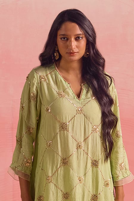 One Not Two Green Silk, Cotton Sequins, Crushed Embroidered A-line Kurta And Pant Set at Aza Fashions One Not Two_Green Silk, Cotton Sequins, Crushed Embroidered A-line Kurta And Pant Set _at_Aza_Fashions