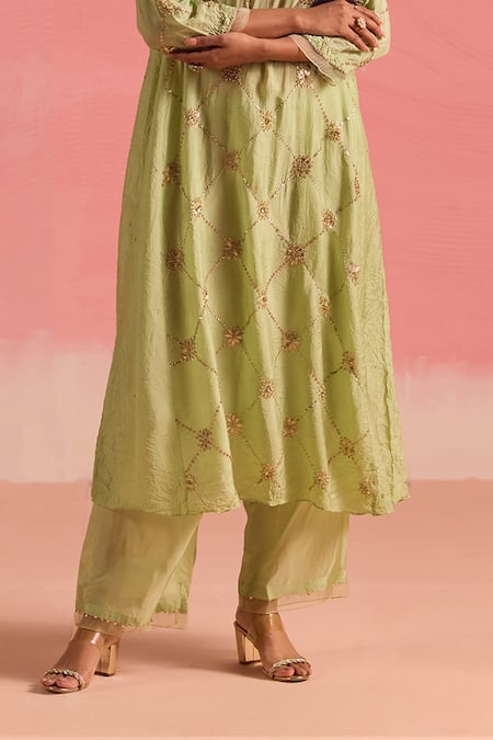 Buy One Not Two Green Silk, Cotton Sequins, Crushed Embroidered A-line Kurta And Pant Set Buy_One Not Two_Green Silk, Cotton Sequins, Crushed Embroidered A-line Kurta And Pant Set