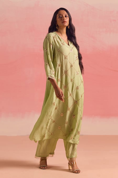 Shop One Not Two Green Silk, Cotton Sequins, Crushed Embroidered A-line Kurta And Pant Set Shop_One Not Two_Green Silk, Cotton Sequins, Crushed Embroidered A-line Kurta And Pant Set