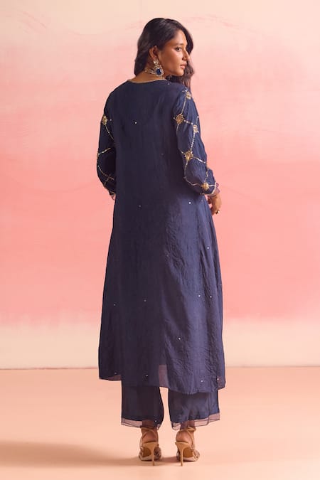 Shop One Not Two Blue Silk, Cotton Sequins, Crystals, Beads, Embroidery A-line Kurta And Pant Set at Aza Fashions Shop_One Not Two_Blue Silk, Cotton Sequins, Crystals, Beads, Embroidery A-line Kurta And Pant Set _at_Aza_Fashions
