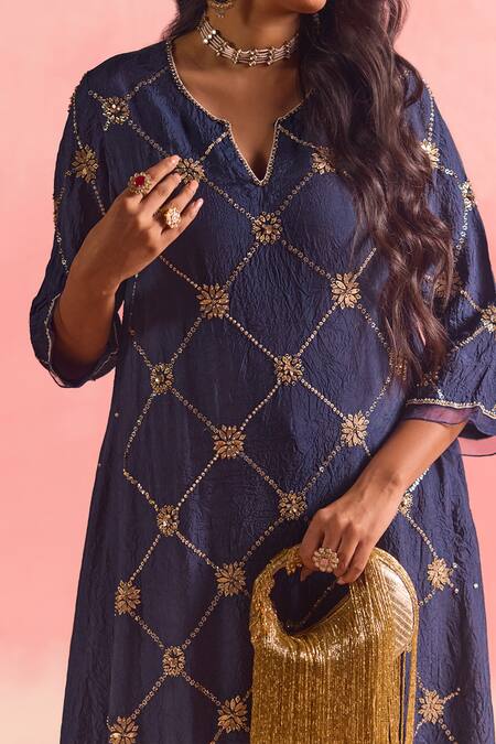 One Not Two Blue Silk, Cotton Sequins, Crystals, Beads, Embroidery A-line Kurta And Pant Set Online at Aza Fashions One Not Two_Blue Silk, Cotton Sequins, Crystals, Beads, Embroidery A-line Kurta And Pant Set _Online_at_Aza_Fashions