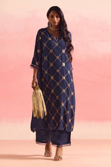 Buy One Not Two Blue Silk, Cotton Sequins, Crystals, Beads, Embroidery A-line Kurta And Pant Set Online at Aza Fashions Buy_One Not Two_Blue Silk, Cotton Sequins, Crystals, Beads, Embroidery A-line Kurta And Pant Set _Online_at_Aza_Fashions