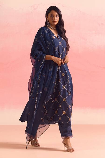 Shop One Not Two Blue Silk, Cotton Sequins, Crystals, Beads, Embroidery A-line Kurta And Pant Set Online at Aza Fashions Shop_One Not Two_Blue Silk, Cotton Sequins, Crystals, Beads, Embroidery A-line Kurta And Pant Set _Online_at_Aza_Fashions
