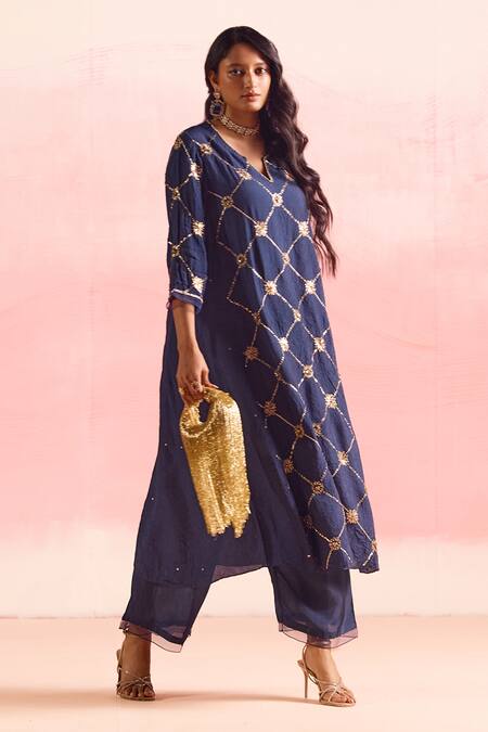 Buy One Not Two Blue Silk, Cotton Sequins, Crystals, Beads, Embroidery A-line Kurta And Pant Set Buy_One Not Two_Blue Silk, Cotton Sequins, Crystals, Beads, Embroidery A-line Kurta And Pant Set