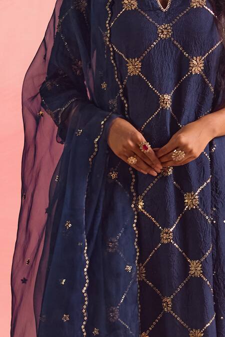Shop One Not Two Blue Silk, Cotton Sequins, Crystals, Beads, Embroidery A-line Kurta And Pant Set Shop_One Not Two_Blue Silk, Cotton Sequins, Crystals, Beads, Embroidery A-line Kurta And Pant Set