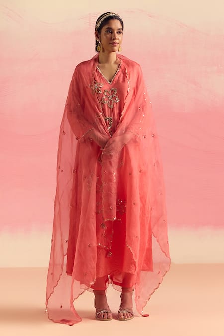 One Not Two Floral Embroidered A-Line Kurta & Pant Set 