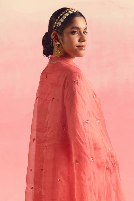 Buy One Not Two Coral Silk, Cotton Sequins, Crystals, Beads, Embroidery A-line Kurta And Pant Set Online at Aza Fashions Buy_One Not Two_Coral Silk, Cotton Sequins, Crystals, Beads, Embroidery A-line Kurta And Pant Set _Online_at_Aza_Fashions