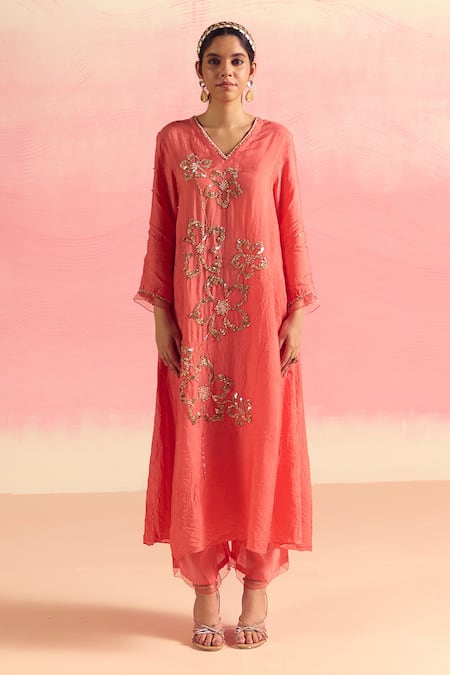 Shop One Not Two Coral Silk, Cotton Sequins, Crystals, Beads, Embroidery A-line Kurta And Pant Set Online at Aza Fashions Shop_One Not Two_Coral Silk, Cotton Sequins, Crystals, Beads, Embroidery A-line Kurta And Pant Set _Online_at_Aza_Fashions