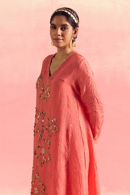 One Not Two Coral Silk, Cotton Sequins, Crystals, Beads, Embroidery A-line Kurta And Pant Set at Aza Fashions One Not Two_Coral Silk, Cotton Sequins, Crystals, Beads, Embroidery A-line Kurta And Pant Set _at_Aza_Fashions