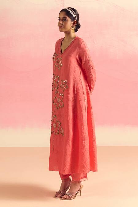 Buy One Not Two Coral Silk, Cotton Sequins, Crystals, Beads, Embroidery A-line Kurta And Pant Set Buy_One Not Two_Coral Silk, Cotton Sequins, Crystals, Beads, Embroidery A-line Kurta And Pant Set