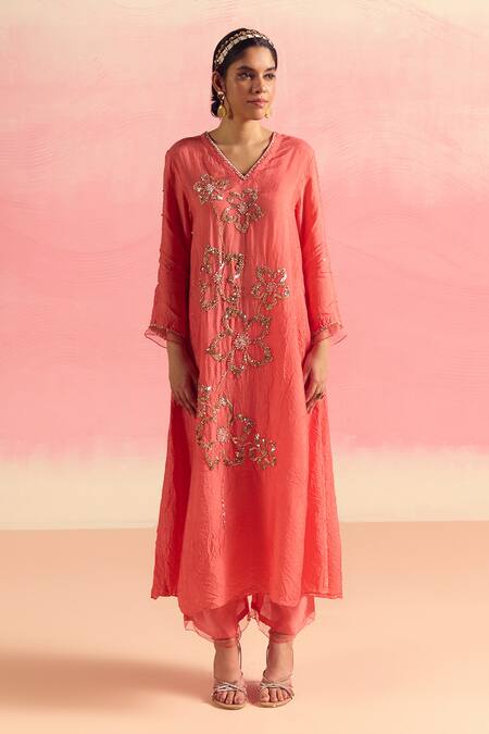 Shop One Not Two Coral Silk, Cotton Sequins, Crystals, Beads, Embroidery A-line Kurta And Pant Set Shop_One Not Two_Coral Silk, Cotton Sequins, Crystals, Beads, Embroidery A-line Kurta And Pant Set