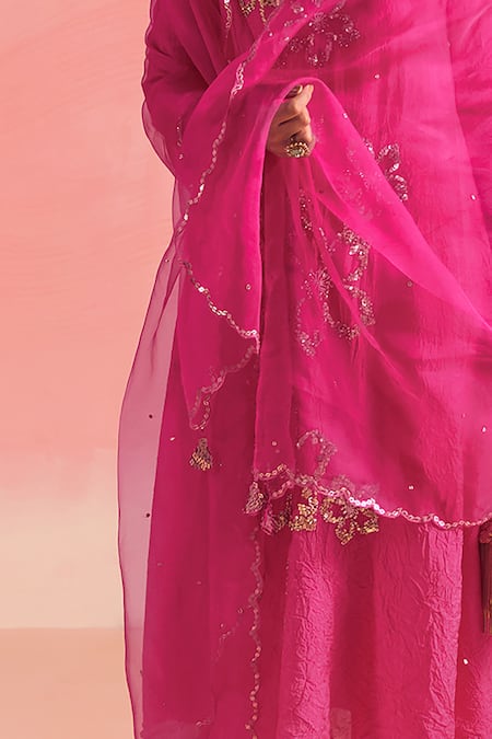 One Not Two Pink Silk, Cotton Sequins, Beads, Embroidery Floral Flared Kurta And Pant Set Online at Aza Fashions One Not Two_Pink Silk, Cotton Sequins, Beads, Embroidery Floral Flared Kurta And Pant Set _Online_at_Aza_Fashions