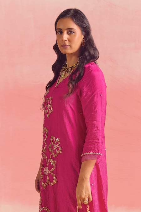 Buy One Not Two Pink Silk, Cotton Sequins, Beads, Embroidery Floral Flared Kurta And Pant Set Online at Aza Fashions Buy_One Not Two_Pink Silk, Cotton Sequins, Beads, Embroidery Floral Flared Kurta And Pant Set _Online_at_Aza_Fashions