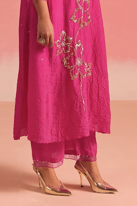 Shop One Not Two Pink Silk, Cotton Sequins, Beads, Embroidery Floral Flared Kurta And Pant Set Online at Aza Fashions Shop_One Not Two_Pink Silk, Cotton Sequins, Beads, Embroidery Floral Flared Kurta And Pant Set _Online_at_Aza_Fashions