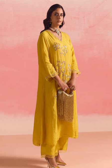 Shop_One Not Two_Yellow Silk, Cotton Sequins, Floral Embroidered A-line Kurta And Pant Set _at_Aza_Fashions