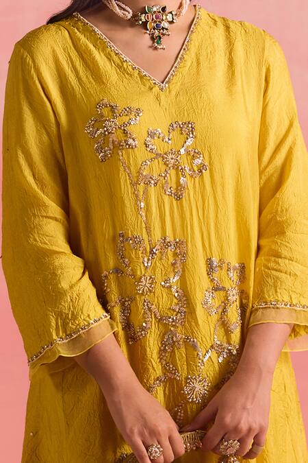 One Not Two_Yellow Silk, Cotton Sequins, Floral Embroidered A-line Kurta And Pant Set _Online_at_Aza_Fashions