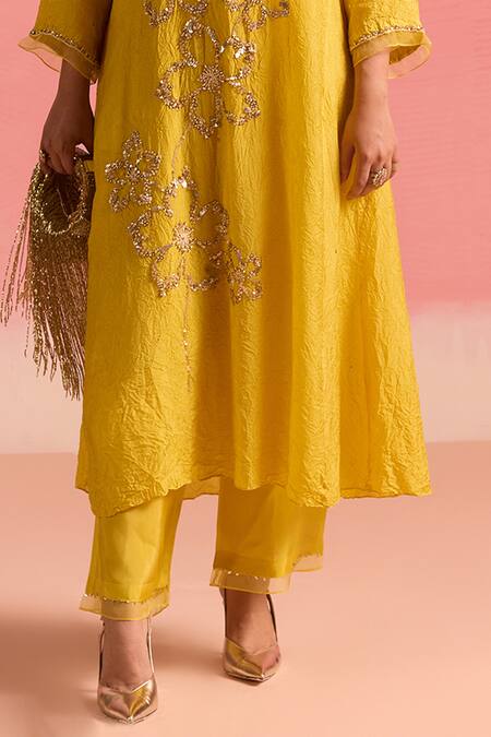 Buy_One Not Two_Yellow Silk, Cotton Sequins, Floral Embroidered A-line Kurta And Pant Set _Online_at_Aza_Fashions