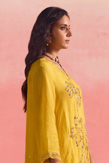 Shop_One Not Two_Yellow Silk, Cotton Sequins, Floral Embroidered A-line Kurta And Pant Set _Online_at_Aza_Fashions