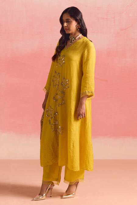 One Not Two_Yellow Silk, Cotton Sequins, Floral Embroidered A-line Kurta And Pant Set _at_Aza_Fashions