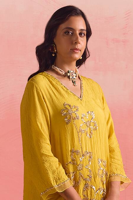 Buy_One Not Two_Yellow Silk, Cotton Sequins, Floral Embroidered A-line Kurta And Pant Set 