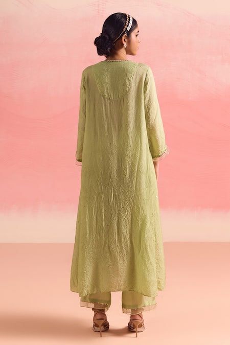 Shop One Not Two Green Silk, Cotton Sequins, Crystals, Floral A-line Kurta And Pant Set at Aza Fashions Shop_One Not Two_Green Silk, Cotton Sequins, Crystals, Floral A-line Kurta And Pant Set _at_Aza_Fashions