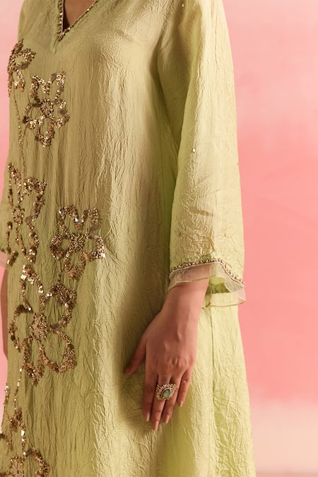 One Not Two Green Silk, Cotton Sequins, Crystals, Floral A-line Kurta And Pant Set Online at Aza Fashions One Not Two_Green Silk, Cotton Sequins, Crystals, Floral A-line Kurta And Pant Set _Online_at_Aza_Fashions