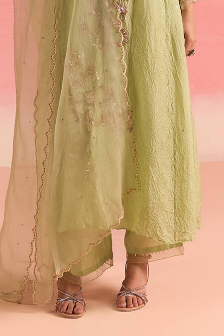 Buy One Not Two Green Silk, Cotton Sequins, Crystals, Floral A-line Kurta And Pant Set Online at Aza Fashions Buy_One Not Two_Green Silk, Cotton Sequins, Crystals, Floral A-line Kurta And Pant Set _Online_at_Aza_Fashions