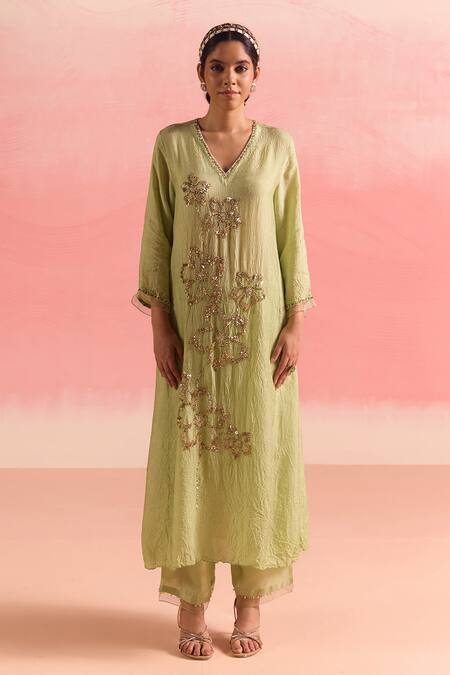Shop One Not Two Green Silk, Cotton Sequins, Crystals, Floral A-line Kurta And Pant Set Online at Aza Fashions Shop_One Not Two_Green Silk, Cotton Sequins, Crystals, Floral A-line Kurta And Pant Set _Online_at_Aza_Fashions